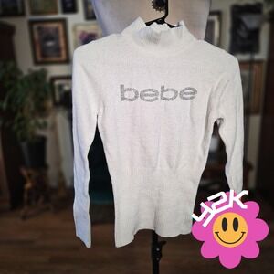 Bebe Top Sweater Vintage Y2K White Rhinestone Logo Mock Neck Keyhole Back Small